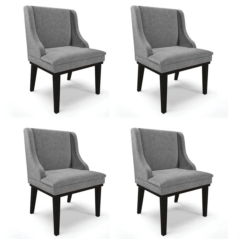Kit 4 Cadeiras Estofadas para Sala de Jantar Base Fixa de Madeira Preto Lia Linho Grafite - Ibiza