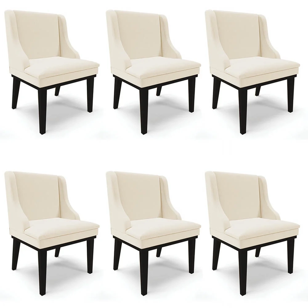 Kit 6 Cadeiras Estofadas para Sala de Jantar Base Fixa de Madeira Preto Lia Linho Bege - Ibiza