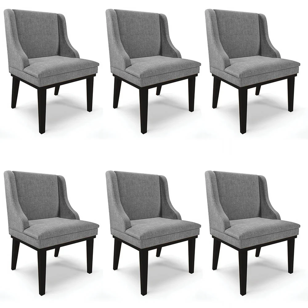 Kit 6 Cadeiras Estofadas para Sala de Jantar Base Fixa de Madeira Preto Lia Linho Grafite - Ibiza