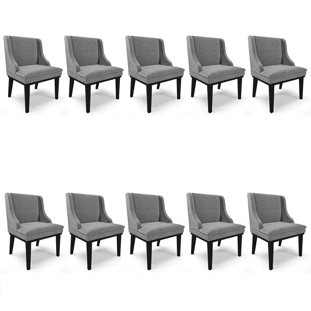 Kit 10 Cadeiras Estofadas para Sala de Jantar Base Fixa de Madeira Preto Lia Linho Grafite - Ibiza