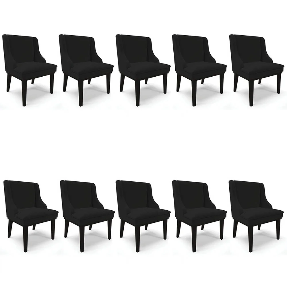 Kit 10 Cadeiras Estofadas para Sala de Jantar Base Fixa de Madeira Preto Lia Linho Preto - Ibiza