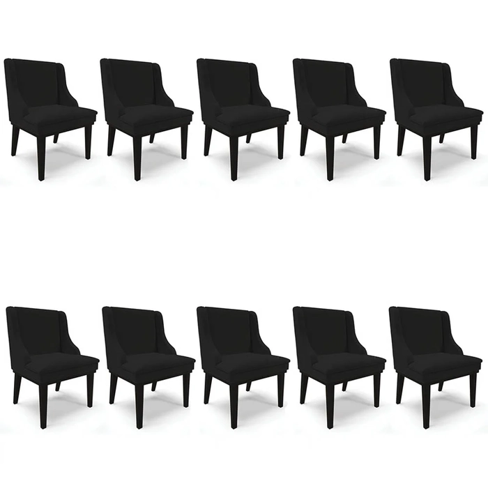 Kit 10 Cadeiras Estofadas para Sala de Jantar Base Fixa de Madeira Preto Lia Linho Preto - Ibiza