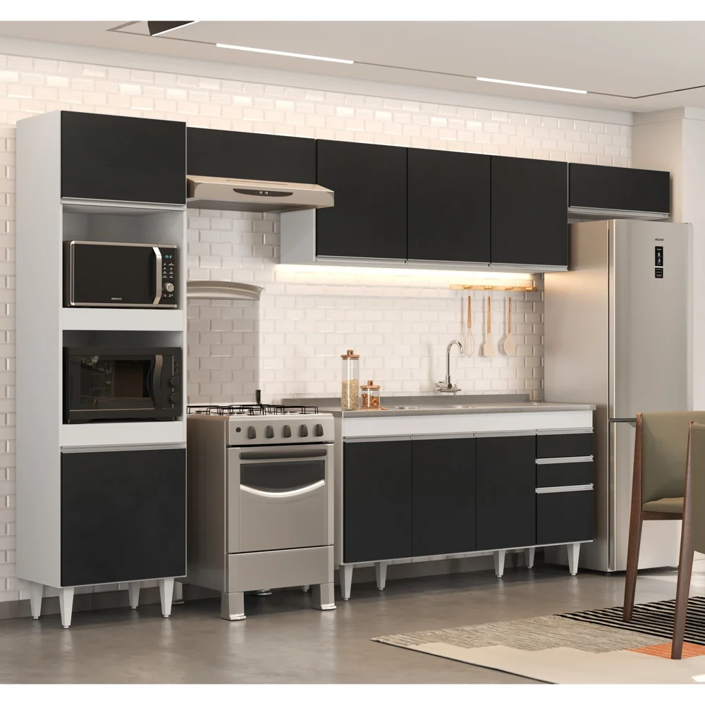 Armário de Cozinha Modulada 5 Peças CP15 Balcão com Pia Inox Branco/Preto - Lumil