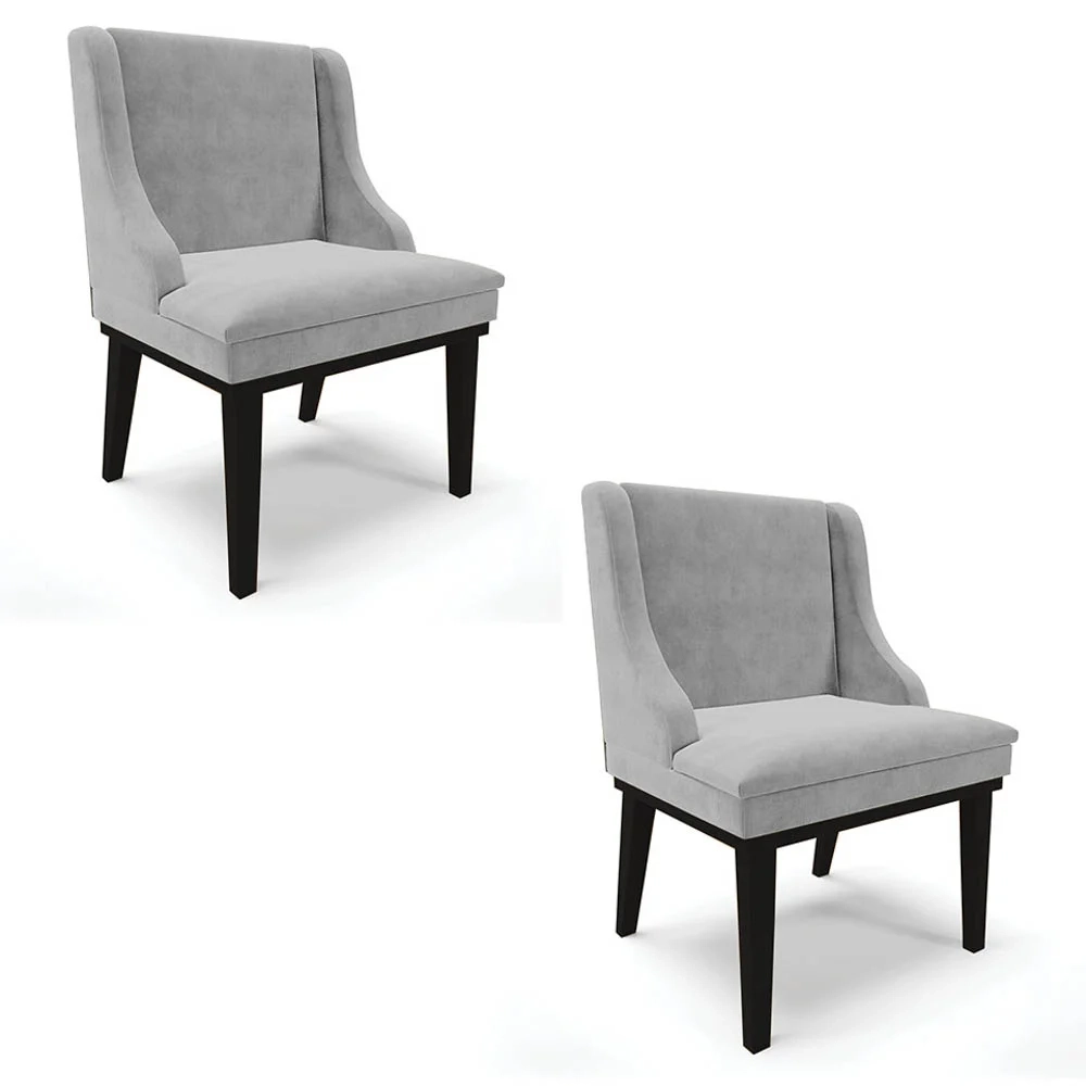 Kit 2 Cadeiras Estofadas para Sala de Jantar Base Fixa de Madeira Preto Lia Suede Cinza - Ibiza