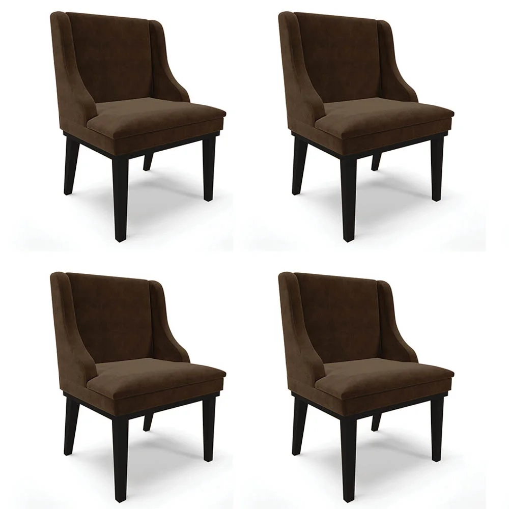 Kit 4 Cadeiras Estofadas para Sala de Jantar Base Fixa de Madeira Preto Lia Suede Marrom - Ibiza