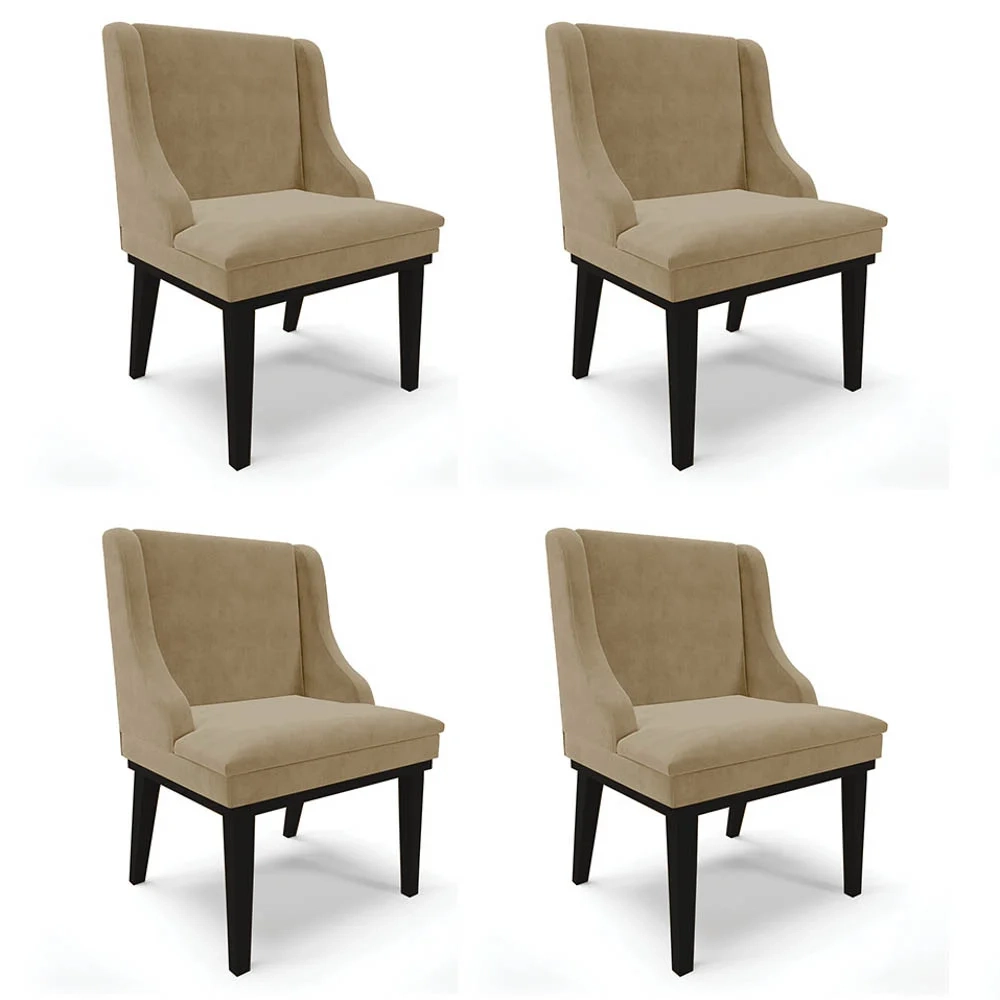 Kit 4 Cadeiras Estofadas para Sala de Jantar Base Fixa de Madeira Preto Lia Suede Marrom RT - Ibiza