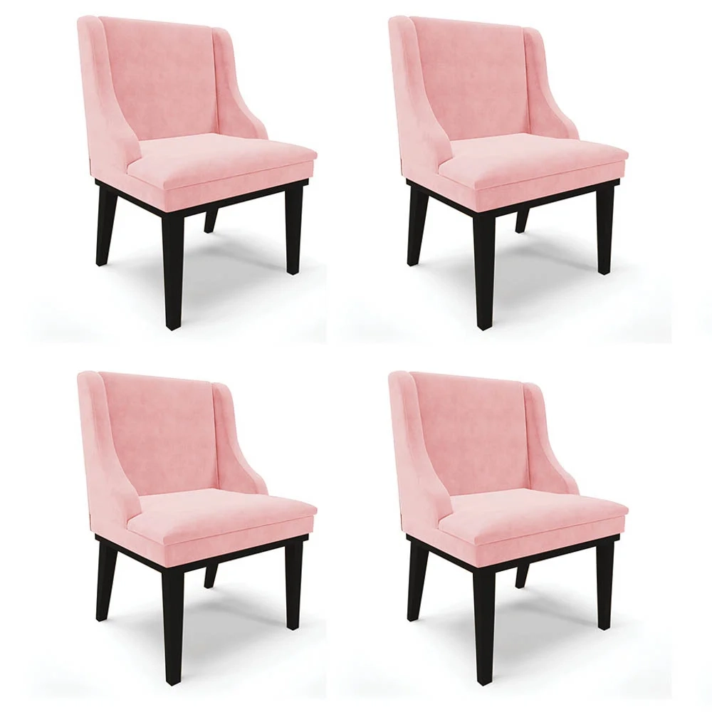 Kit 4 Cadeiras Estofadas para Sala de Jantar Base Fixa de Madeira Preto Lia Suede Rosa bebê - Ibiza