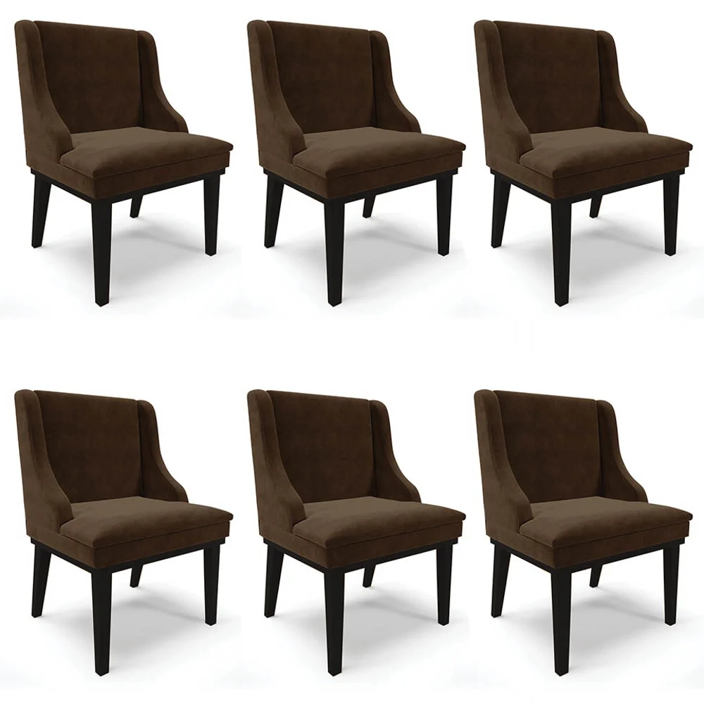 Kit 6 Cadeiras Estofadas para Sala de Jantar Base Fixa de Madeira Preto Lia Suede Marrom - Ibiza