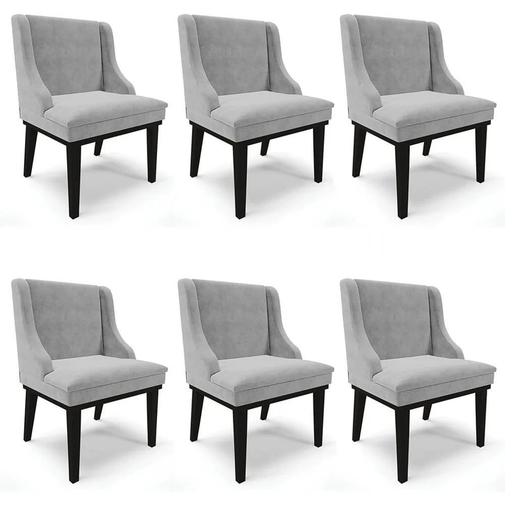 Kit 6 Cadeiras Estofadas para Sala de Jantar Base Fixa de Madeira Preto Lia Suede Cinza - Ibiza