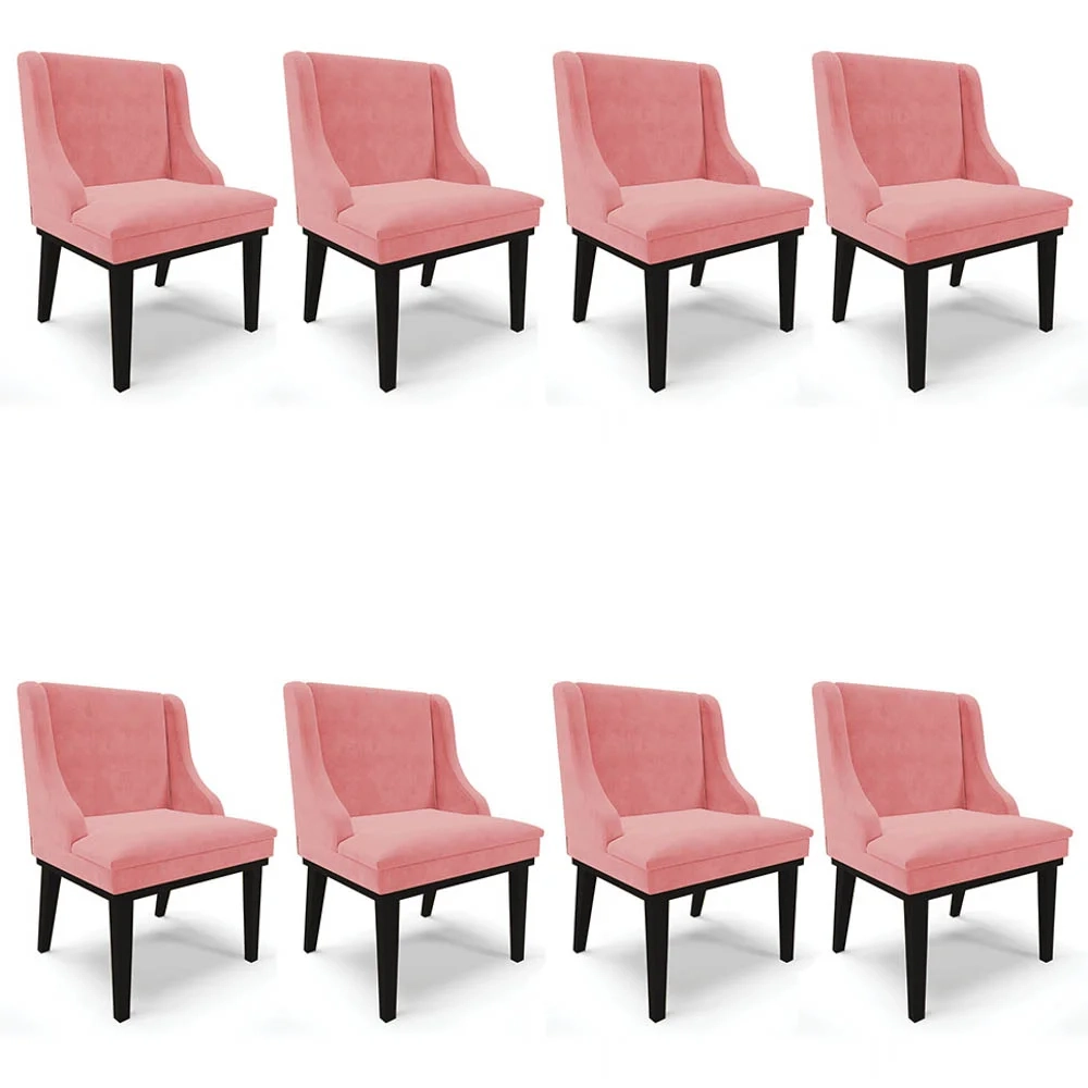 Kit 8 Cadeiras Estofadas para Sala de Jantar Base Fixa de Madeira Preto Lia Suede Rosê - Ibiza