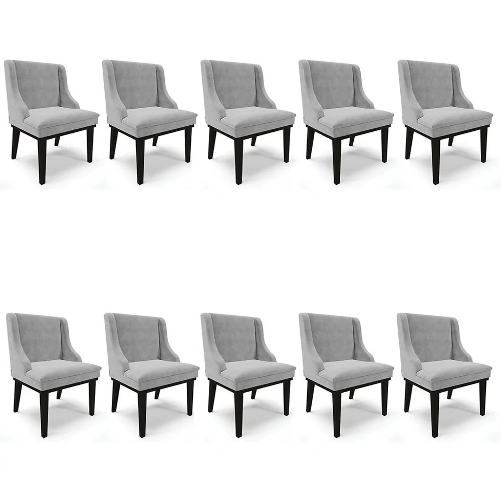 Kit 10 Cadeiras Estofadas para Sala de Jantar Base Fixa de Madeira Preto Lia Suede Cinza - Ibiza