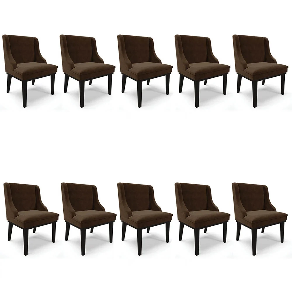 Kit 10 Cadeiras Estofadas para Sala de Jantar Base Fixa de Madeira Preto Lia Suede Marrom - Ibiza