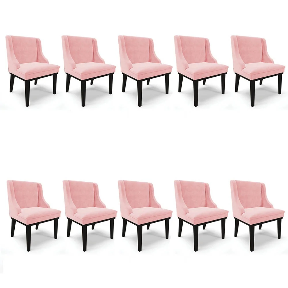 Kit 10 Cadeiras Estofadas para Sala de Jantar Base Fixa de Madeira Preto Lia Suede Rosa bebê - Ibiza