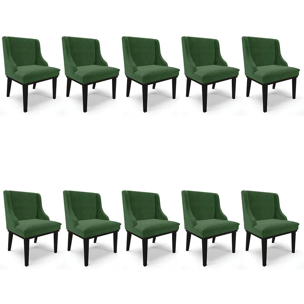 Kit 10 Cadeiras Estofadas para Sala de Jantar Base Fixa de Madeira Preto Lia Suede Verde - Ibiza