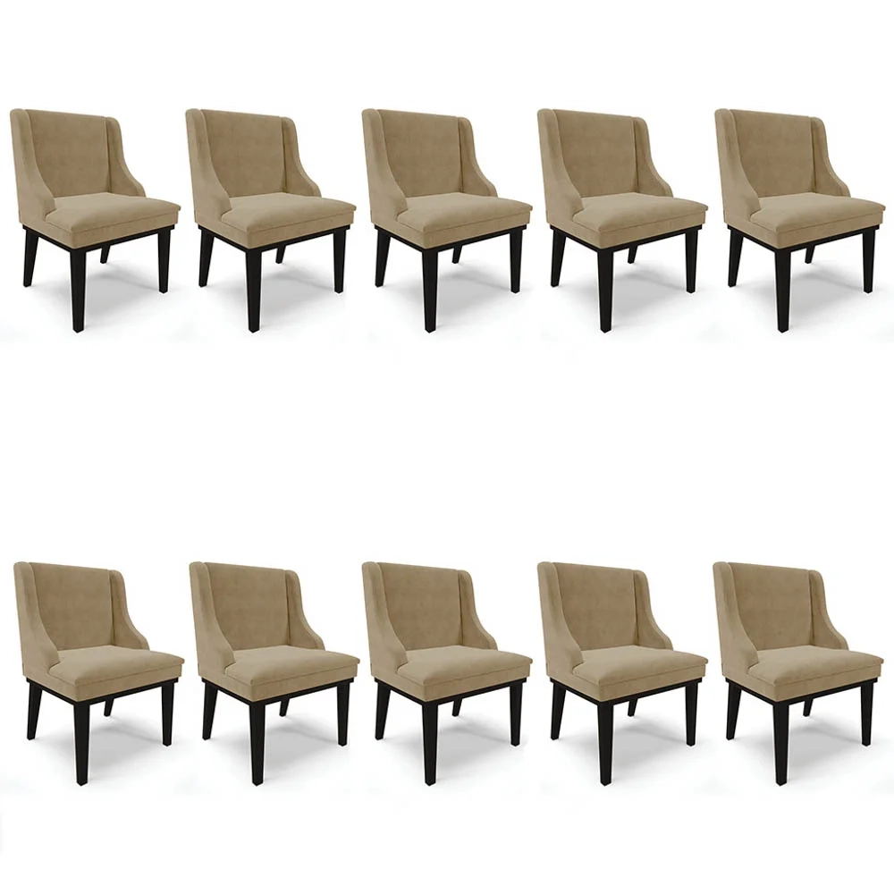 Kit 10 Cadeiras Estofadas para Sala de Jantar Base Fixa de Madeira Preto Lia Suede Marrom RT - Ibiza