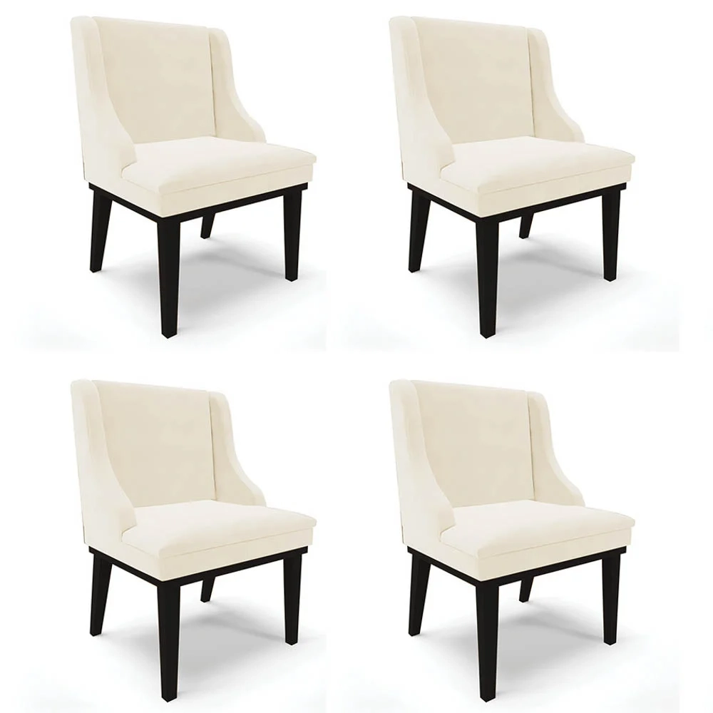Kit 4 Cadeiras Estofadas para Sala de Jantar Base Fixa de Madeira Preto Lia Veludo Bege - Ibiza