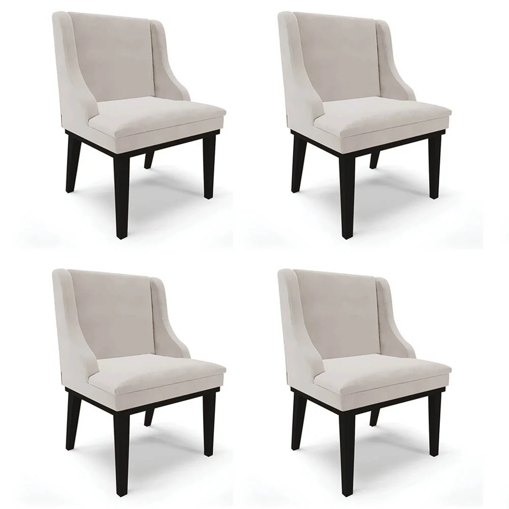 Kit 4 Cadeiras Estofadas para Sala de Jantar Base Fixa de Madeira Preto Lia Veludo Cinza - Ibiza