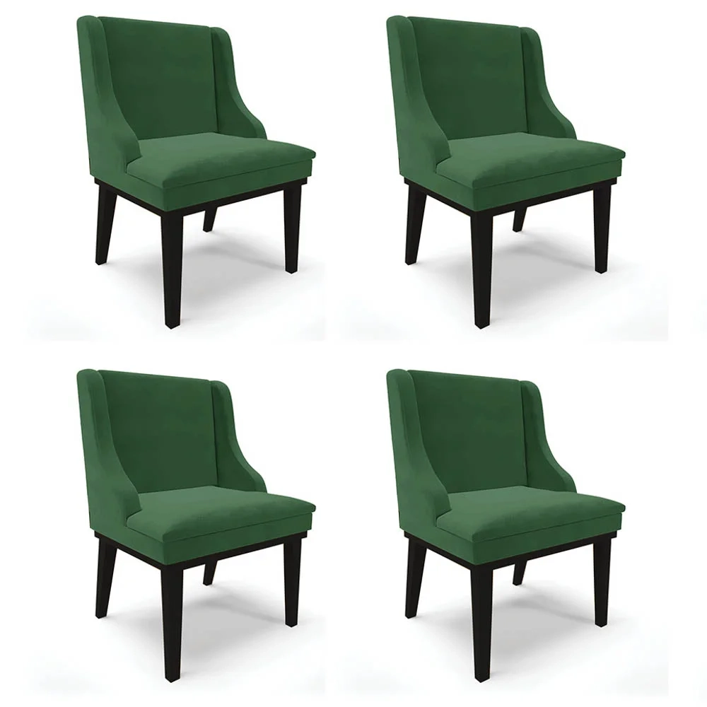 Kit 4 Cadeiras Estofadas para Sala de Jantar Base Fixa de Madeira Preto Lia Veludo Verde - Ibiza