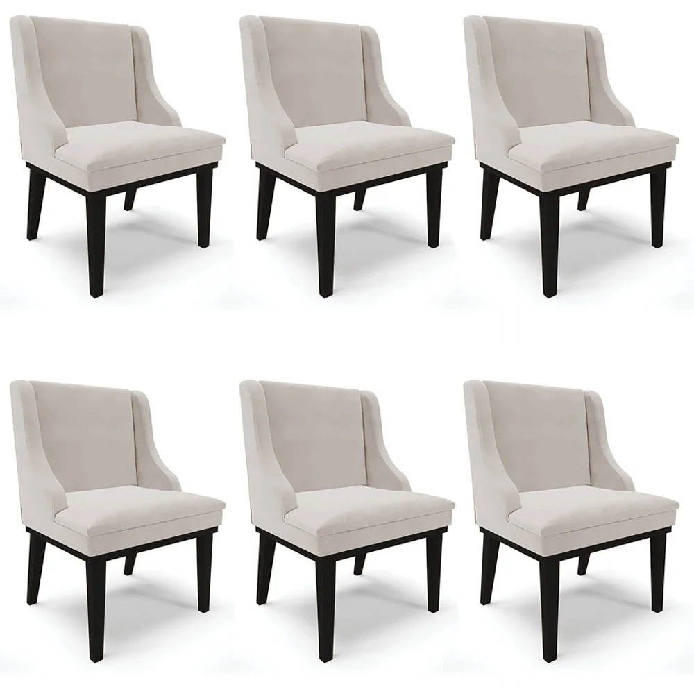 Kit 6 Cadeiras Estofadas para Sala de Jantar Base Fixa de Madeira Preto Lia Veludo Cinza - Ibiza