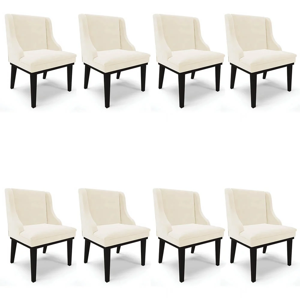 Kit 8 Cadeiras Estofadas para Sala de Jantar Base Fixa de Madeira Preto Lia Veludo Bege - Ibiza
