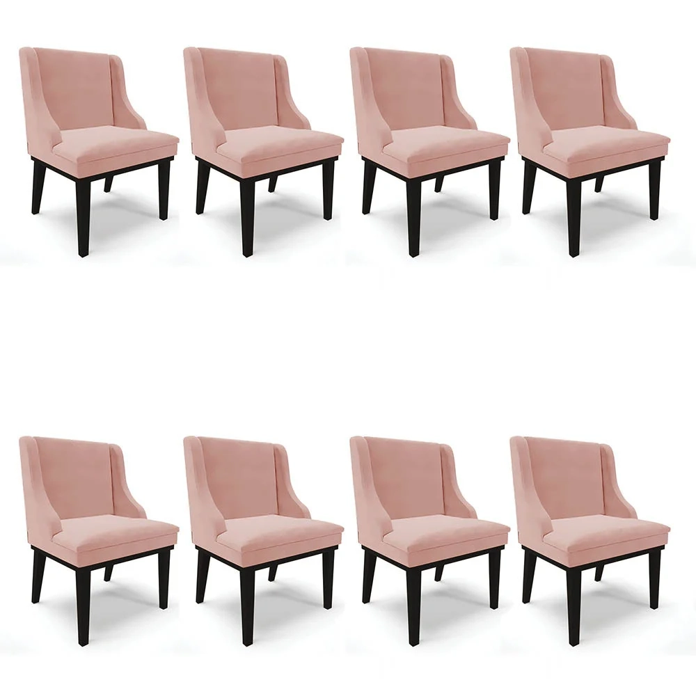 Cadeira Estofada Sala de Jantar Base Madeira Kit 8 Preto Lia Veludo Rosê - Ibiza