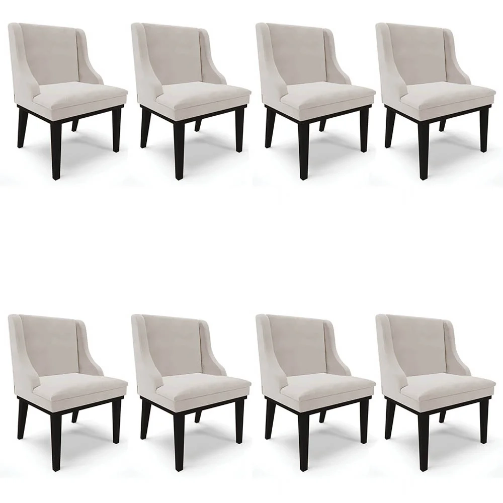 Kit 8 Cadeiras Estofadas para Sala de Jantar Base Fixa de Madeira Preto Lia Veludo Cinza - Ibiza