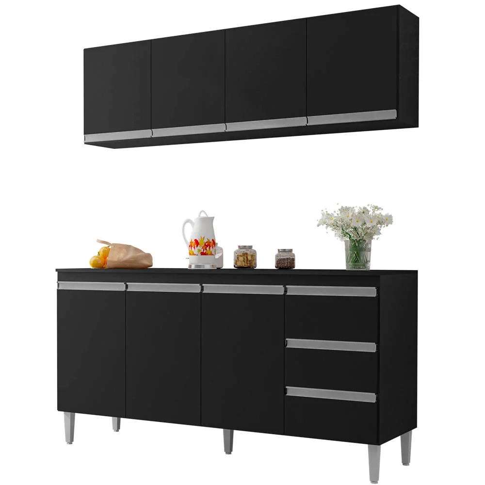 Armário Aéreo e Balcão Gabinete com Tampo 160cm Andréia Preto - AJL Móveis