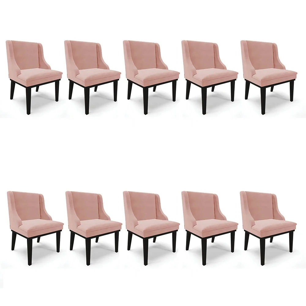 Kit 10 Cadeiras Estofadas para Sala de Jantar Base Fixa de Madeira Preto Lia Veludo Rosê - Ibiza