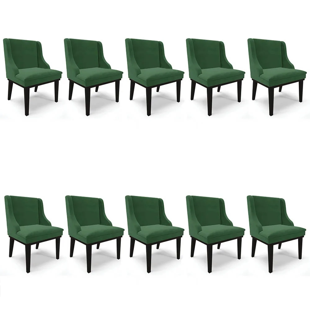 Kit 10 Cadeiras Estofadas para Sala de Jantar Base Fixa de Madeira Preto Lia Veludo Verde - Ibiza