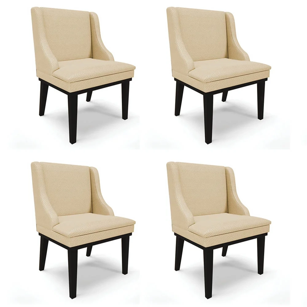 Kit 4 Cadeiras Estofadas para Sala de Jantar Base Fixa de Madeira Preto Lia Veludo Luxo Off White - Ibiza