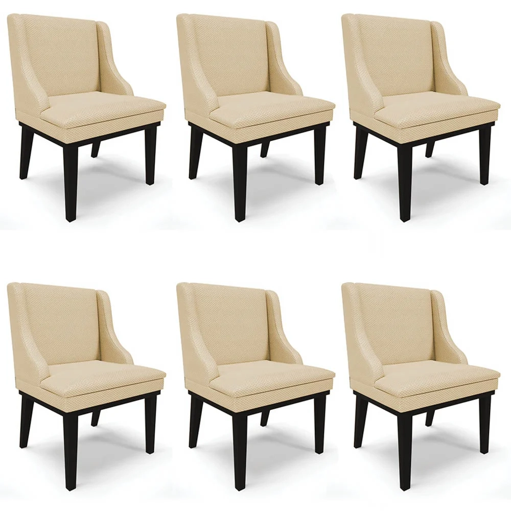 Kit 6 Cadeiras Estofadas para Sala de Jantar Base Fixa de Madeira Preto Lia Veludo Luxo Off White - Ibiza