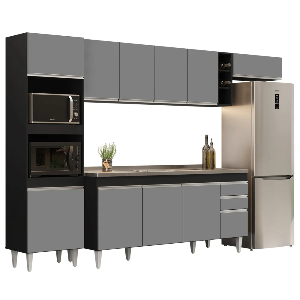 Armário de Cozinha Modulada 5 Peças CP18 Balcão com Pia Inox Preto/Cinza - Lumil