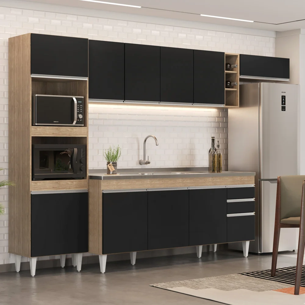 Armário de Cozinha Modulada 5 Peças CP18 Balcão com Pia Inox Castanho/Preto - Lumil