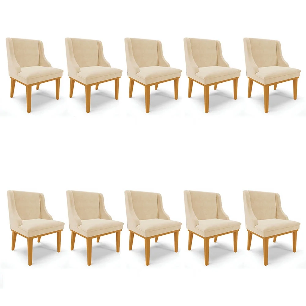 Kit 10 Cadeiras Estofadas para Sala de Jantar Base Fixa de Madeira Castanho Lia Suede Bege - Ibiza