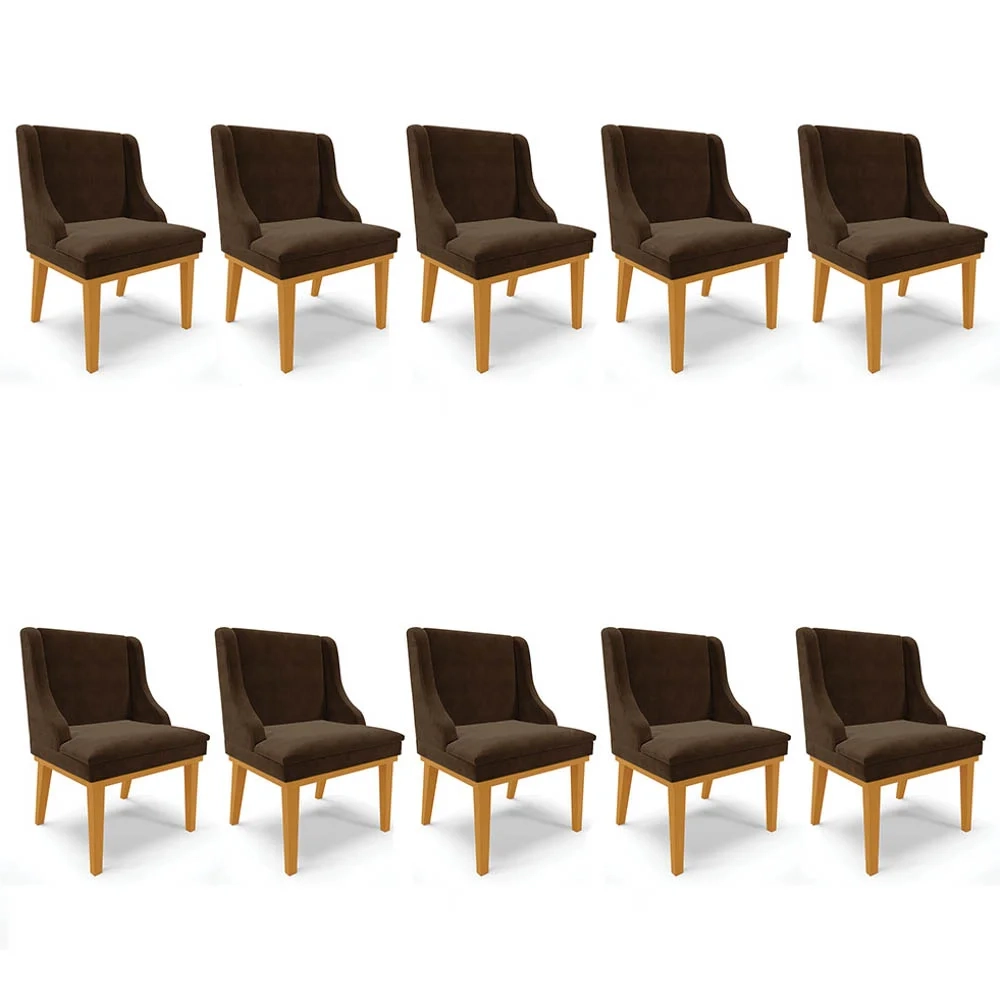 Kit 10 Cadeiras Estofadas para Sala de Jantar Base Fixa de Madeira Castanho Lia Suede Marrom - Ibiza