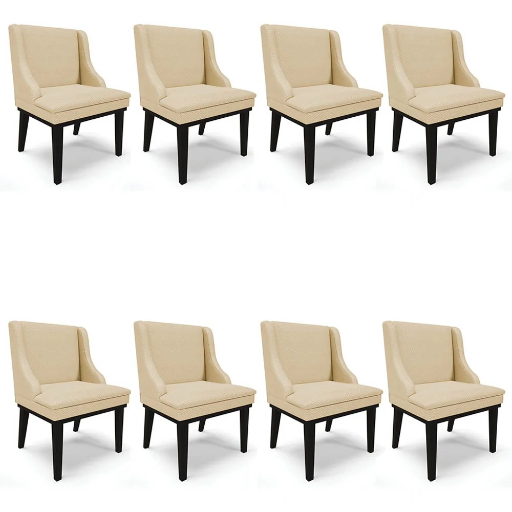 Kit 8 Cadeiras Estofadas para Sala de Jantar Base Fixa de Madeira Preto Lia Veludo Luxo Off White - Ibiza