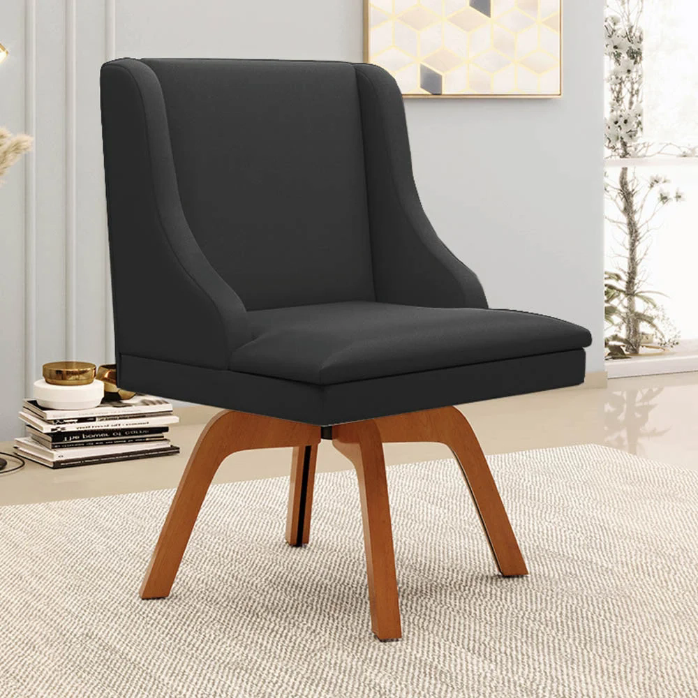 Cadeira Estofada para Sala de Jantar Base Giratória de Madeira Lia Sintético Preto - Ibiza