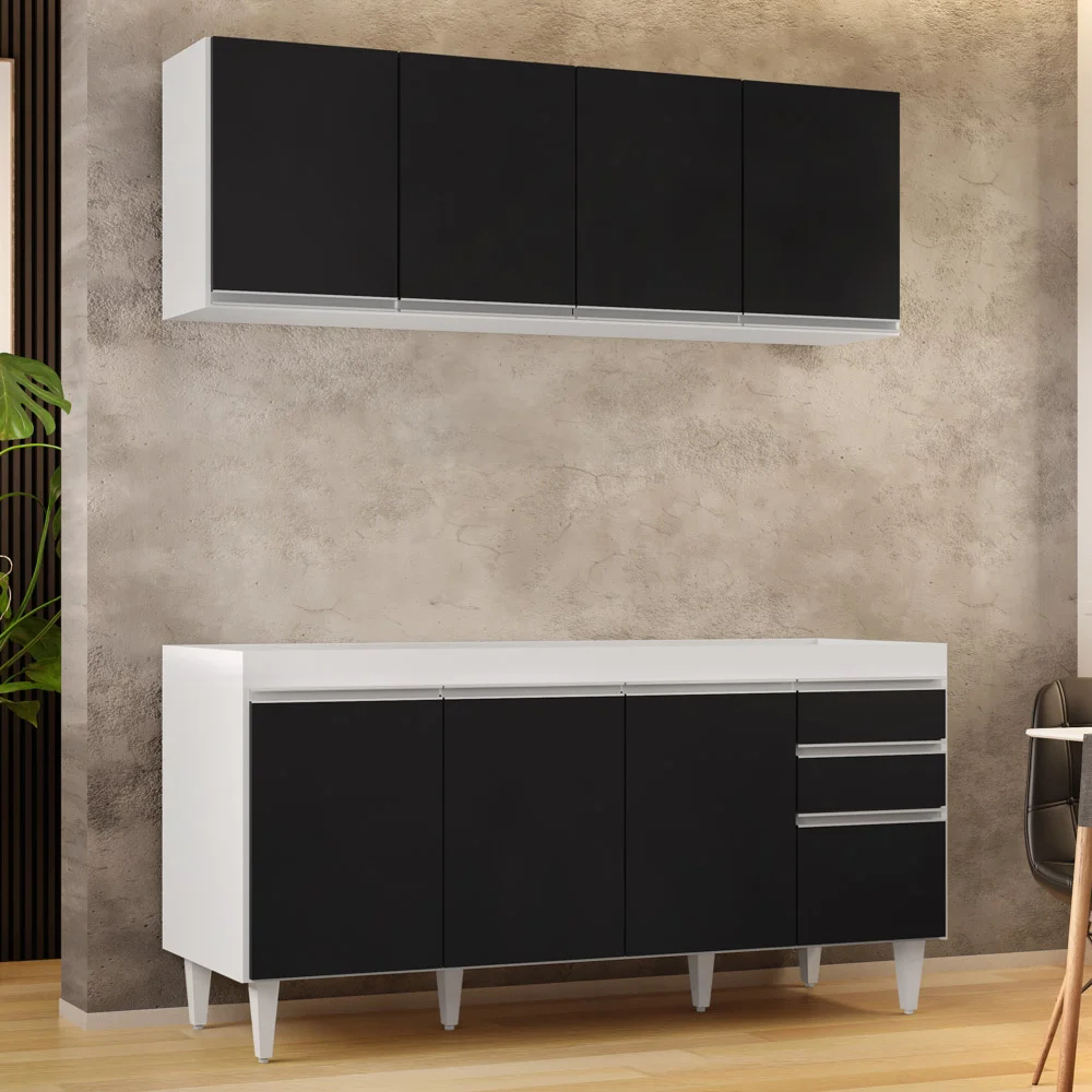 Armário Aéreo Nevada e Balcão Para Pia 160cm Arkansas Branco/Preto - Lumil Móveis