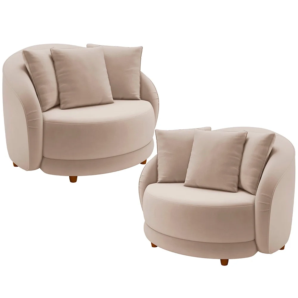 Kit 2 Poltronas Decorativa para Sala Pés Madeira Kaly Z32 Veludo Bege - Mpozenato