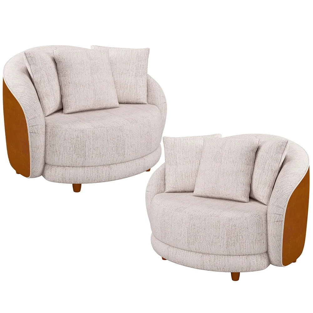 Kit 2 Poltronas Decorativa para Sala Pés Madeira Kaly Z32 Sintético Caramelo/Linho Bege - Mpozenato