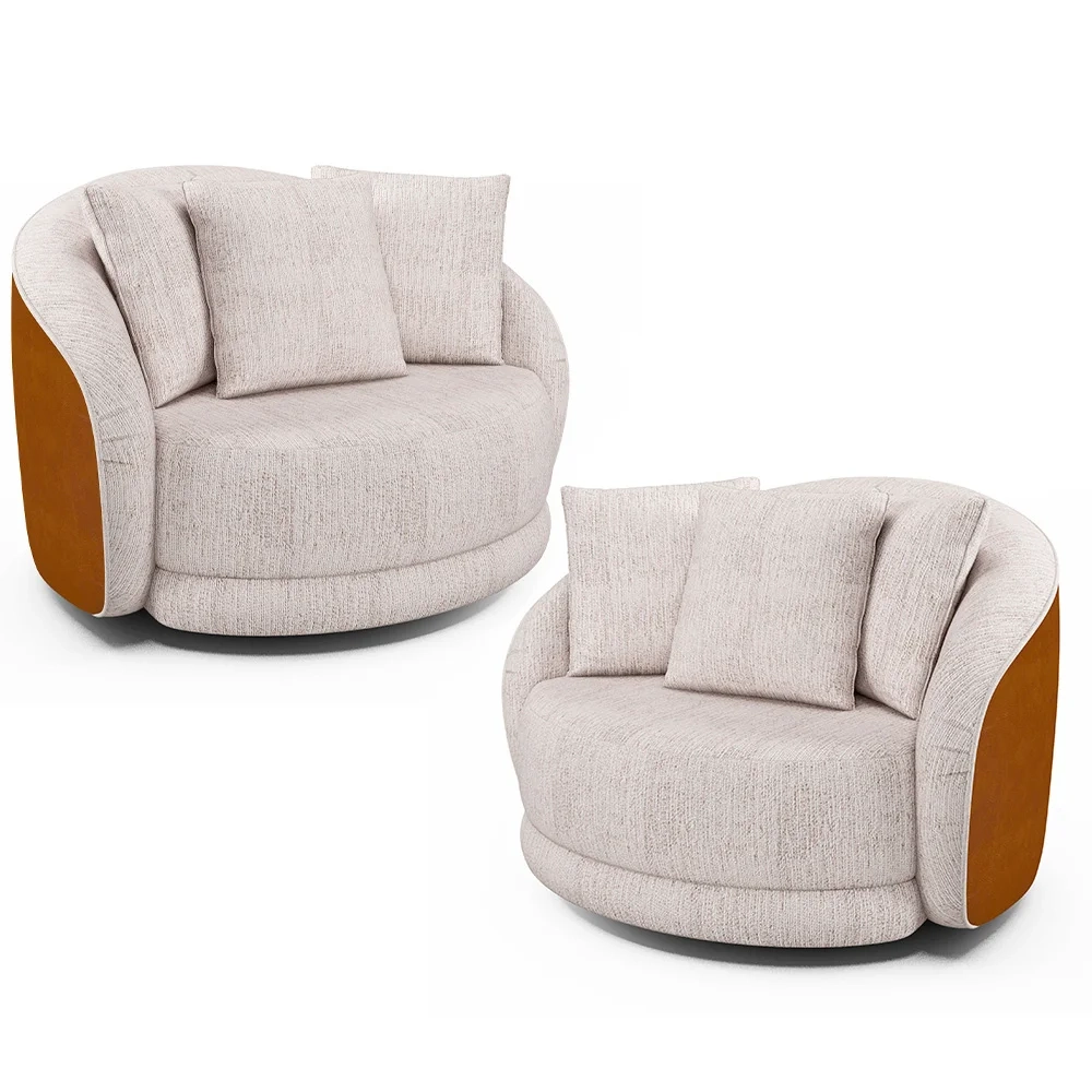 Kit 2 Poltronas Decorativa Giratória para Sala Kaly Z32 Sintético Caramelo/Linho Bege - Mpozenato