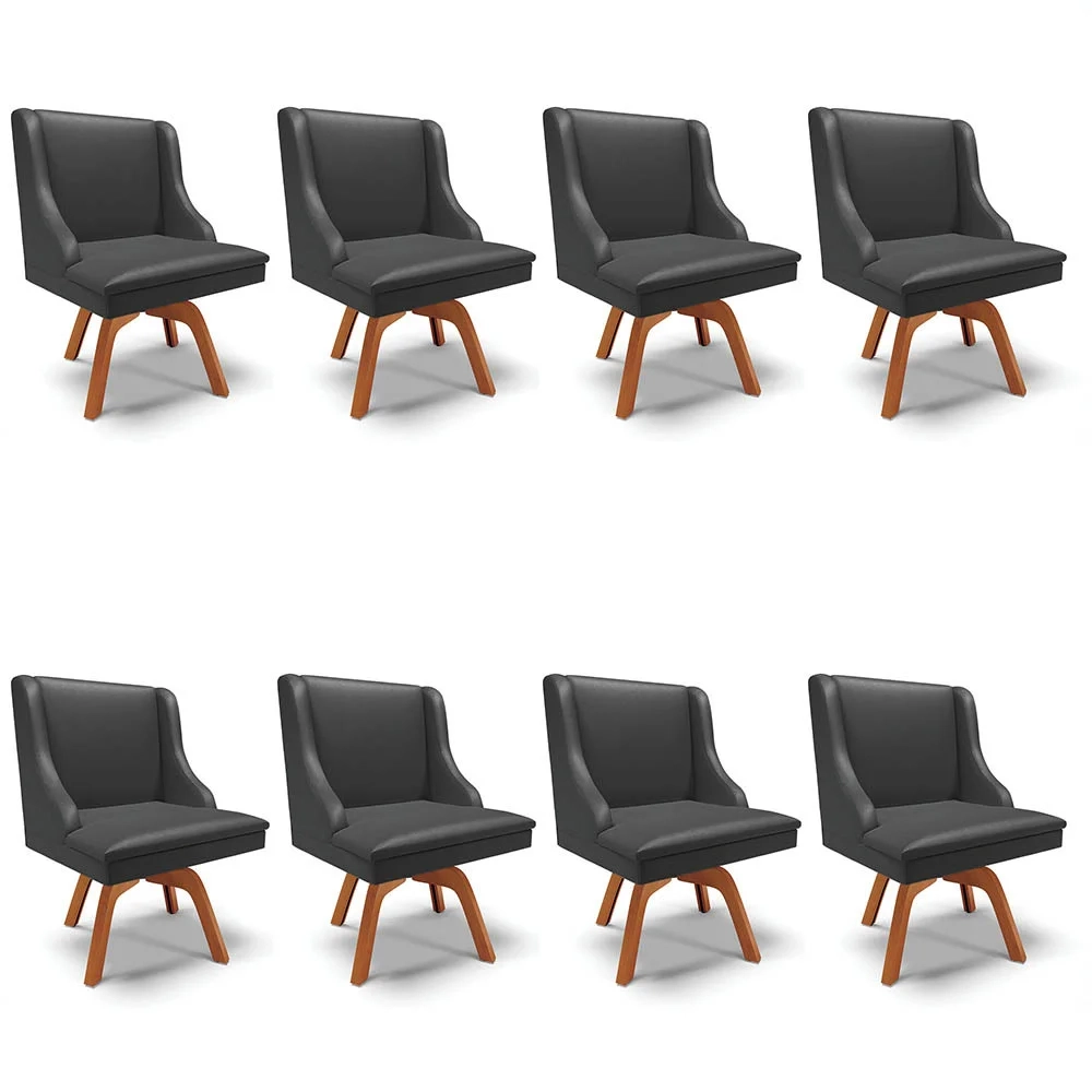 Kit 8 Cadeiras Estofadas para Sala de Jantar Base Giratória de Madeira Lia Sintético Preto - Ibiza