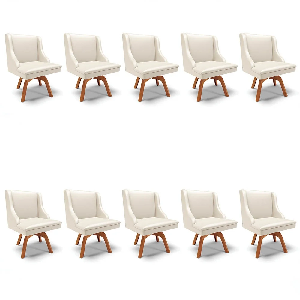 Kit 10 Cadeiras Estofadas para Sala de Jantar Base Giratória de Madeira Lia Sintético Bege - Ibiza