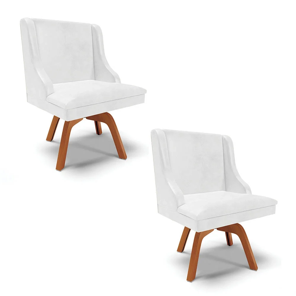 Kit 2 Cadeiras Estofadas Base Giratória de Madeira Lia Sintético Premium Branco - Ibiza