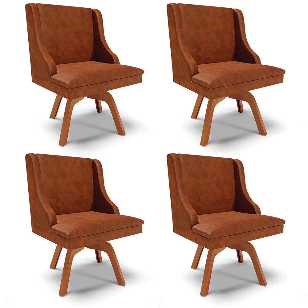Kit 4 Cadeiras Estofadas Base Giratória de Madeira Lia Sintético Premium Nozes - Ibiza