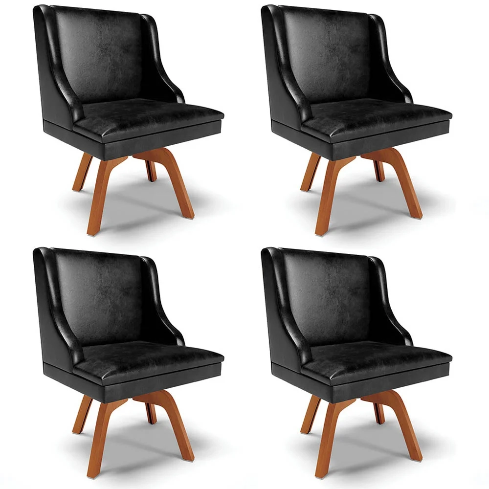 Kit 4 Cadeiras Estofadas Base Giratória de Madeira Lia Sintético Premium Preto - Ibiza