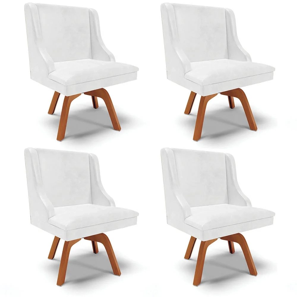 Kit 4 Cadeiras Estofadas Base Giratória de Madeira Lia Sintético Premium Branco - Ibiza
