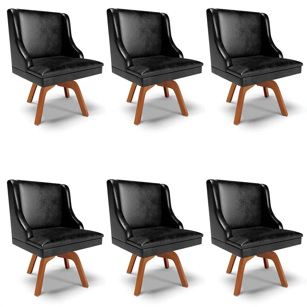 Kit 6 Cadeiras Estofadas Base Giratória de Madeira Lia Sintético Premium Preto - Ibiza