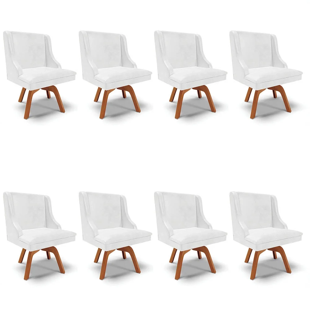 Kit 8 Cadeiras Estofadas Base Giratória de Madeira Lia Sintético Premium Branco - Ibiza