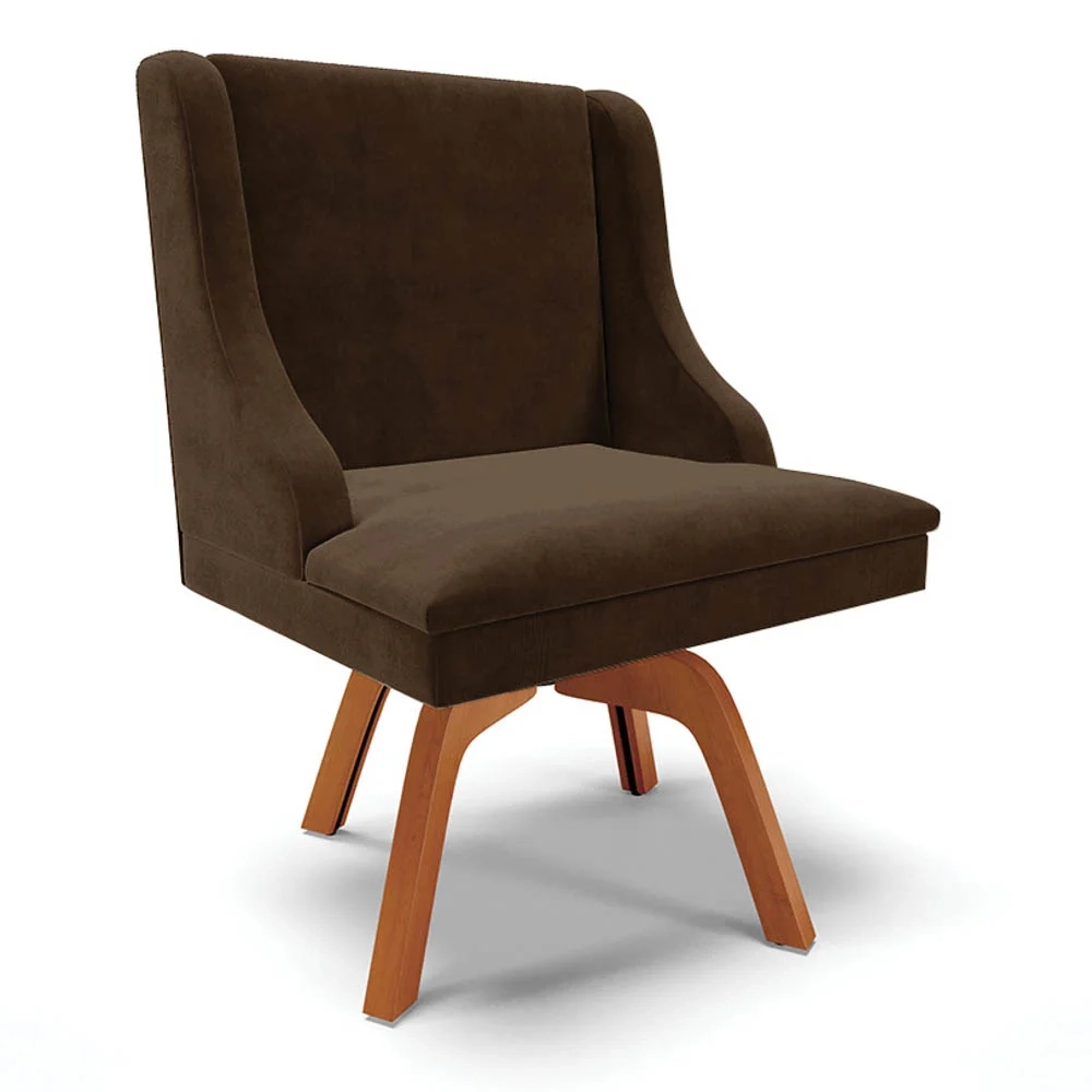 Cadeira Estofada para Sala de Jantar Base Giratória de Madeira Lia Suede Marrom - Ibiza